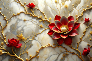 3d wallpaper red flower luxury silk on marble background print