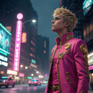 Giorno Giovanna, young male with blonde hair and a vibrant pink outfit with gold detailing, standing in a bustling city street. The backdrop is filled with neon lights and graffiti.