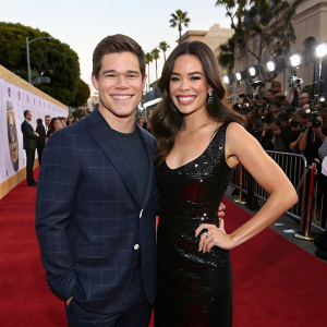 Adam Devine and Chloe Bridges attend 'The Righteous Gemstones' premiere. Red carpet bustling with fans and media. Adam in a navy blazer, Chloe in black sequined dress.