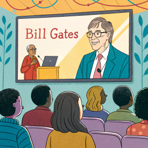 Bill Gates, depicted in vibrant cartoon style, addressing a diverse audience in a virtual conference. Spanish subtitles on screen