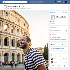 Screenshot of Xiaomi's Mi Note 10 ad on a Facebook page. Man in striped shirt smiling near Roman Colosseum, typical social media layout with posts and sections.