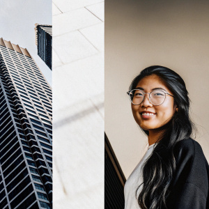 Professional headshot of a young Asian woman. Long dark hair, casual outfit. Confident and friendly expression. Diverse background settings including cityscape and indoor scenes. High-resolution image.