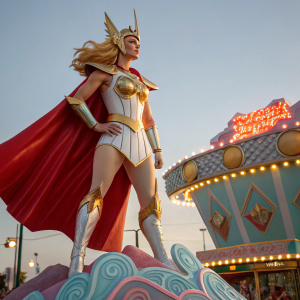 A colossal sculpture of She-Ra, her robust figure exuding valor. Crystalline patterns decorate the base where she stands, her radiant armor glimmering. Amidst a vividly colorful carnival, she commands the scene, attracting everyone's gaze.