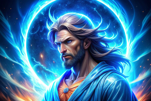 (imagen de perfil) (vista de lado)(imagen cuerpo completo) (imagen realista) Jesus con una expresión seria, jesus envuelto en un aura de luz azul parecido al ki supersajan