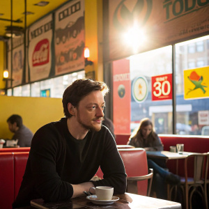 James McAvoy, in a casual black sweater, sits in a bustling cafe. Bright sunlight filters through the windows, highlighting the logos of various tech companies on the walls