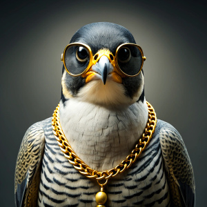 Peregrine falcon with retro glasses and fifty cent gold necklace