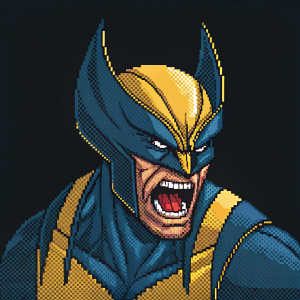 Digital pixel art of Wolverine from Marvel Universe. Pixelated angry face. Blue, gold, and red colors against black background.