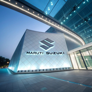Modern photo of Maruti Suzuki logo. Futuristic background. Highly detailed and sleek design.