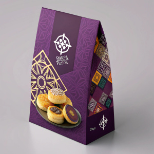 Contemporary packaging design for Bakpia Pathok. Vibrant purple and geometric patterns. Year 2022 logo prominently displayed at bottom