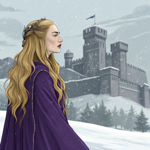 Illustration of Sansa Stark, with long blonde hair and a stern look. Wearing a royal purple gown. Standing in front of Winterfell castle with snow-covered grounds. The background features the Stark sigil in rich, dark hues.