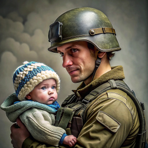 A modern Russian soldier in a helmet 6B27 and uniform is holding a baby in a knitted hat with love.details. high quality.The child looks at the soldier.realism.