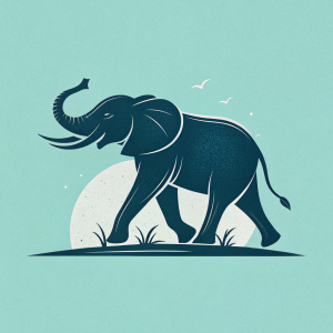 Minimalist elephant logo design. Dark silhouette running against light teal background.