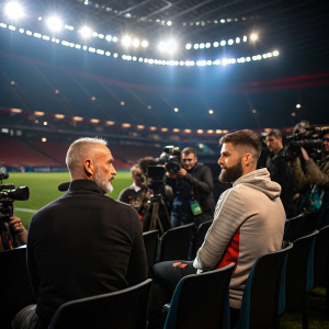 Stefano Pioli and Olivier Giroud at a stadium press conference. They sit side by side, facing the crowd. Multiple camera flashes and rows of journalists