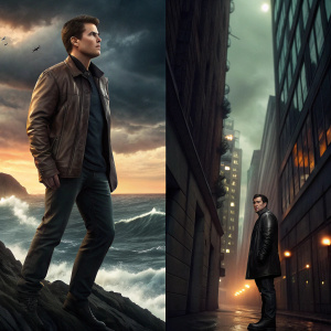 Tom Cruise in character as Jack Ryan and Jack Reacher. Two different scenes, dramatic backdrops, intense expressions.
