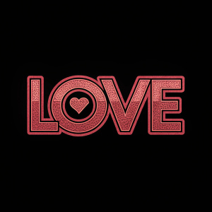A stylized logo of the word 'LOVE' in bold, textured font. The color is a deep crimson on a plain black background.