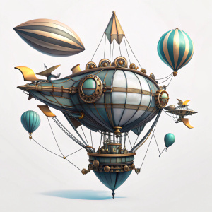 A majestic steampunk zeppelin with intricate gears and brass elements, air balloons and propellers, vintage style, highly detailed, blank white background
