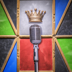 Thrash Thorn's album 'Flow Royal' cover. A stylized microphone with a crown, set against a dark background. The design uses a limited gray, red, and black color palette, giving it a modern and promotional look.