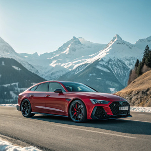 A luxurious red Audi RS7. Sleek, modern, with sharp lines and aggressive stance. High-performance sports car, perfect for a drive in the Alps.