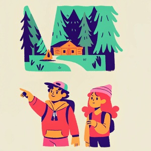 Illustration of characters from Gravity Falls. Mabel and Dipper Pines in their iconic outfits. Adventure in a mysterious small town with dense forest. Narrative panels showcasing their quirky escapades.