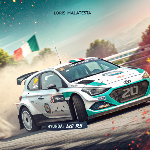 Loris Malatesta's Hyundai i20 R5 race car in a dynamic driving scene. The car is white with teal accents and numerous sponsor logos, including the Italian flag. Set against a vibrant, digital background filled with racing elements.