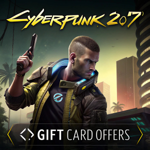 Promotional image for Cyberpunk 2077 on Steam website. Dark background with gift card offers. Vibrant game character and text details highlighted.