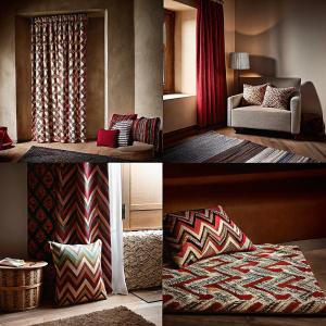 Photos of Missoni Travel Spring 2013 collection. Various interior design elements like furniture and decor.