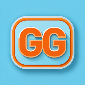 logo azul claro y borde naranja con la palabra GG con fondo azul claro