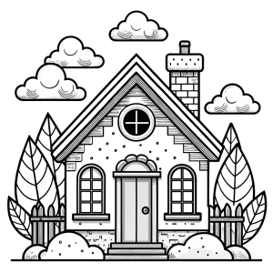 cute house, coloring book page, simple and clean line art, chilren drawing book. black and white, crisp black lines, sharp lines, simple coloring page for kids, cartoon style