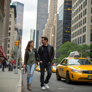 Dylan McDermott and Colette Rose McDermott walking down a bustling urban street. Tall skyscrapers in the background, yellow taxi cab in the foreground