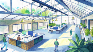 
La imagen captura el interior de una planta de producción o una oficina moderna y luminosa. Se ven trabajadores ocupados en sus tareas, mientras que tecnologías de eficiencia energética como luces LED y paneles solares en el techo están claramente visibles. La disposición de las estaciones de trabajo permite aprovechar al máximo la luz natural, mientras que carteles en las paredes destacan los objetivos de ahorro de energía y la importancia de la sustentabilidad. 