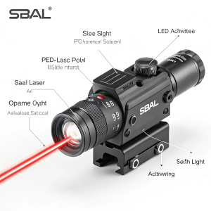 Detailed product showcase of SBAL-PL camera. Features include red laser, white LED light, and activation switch.