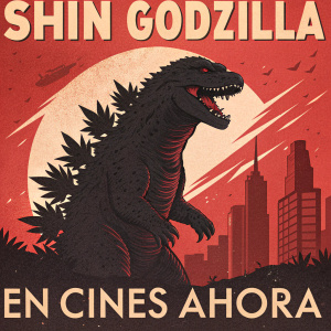 Movie poster for 'Shin Godzilla' featuring a menacing Godzilla in a predominantly red background with Spanish text.