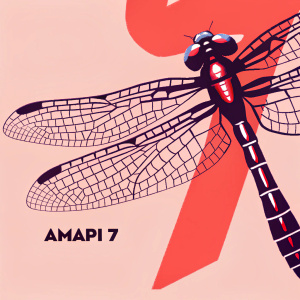 A futuristic, digital illustration of a sleek, metallic dragonfly design. Featured on Amapi 7's packaging, showcasing intricate network patterns in metallic and beige hues, complemented by a bold red logo. Artistic and modern aesthetic.