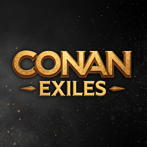 The Conan Exiles logo displayed in a bold gold font against a black background with a grainy texture effect. The text is centered and stands out prominently.
