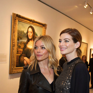 Sienna Miller and Anne Hathaway at an art gallery opening. Behind them hangs a Mona Lisa-like painting. Bright lights illuminate the scene.