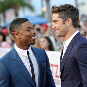 Michael B. Jordan and Zac Efron attend premiere of Baywatch. In suits, chatting amicably. Crowd visible in blurred background.