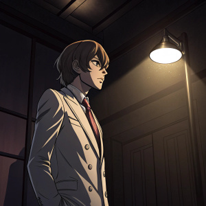 Goro Akechi from Persona 5, stern expression. Dark room, single light source casting shadows.