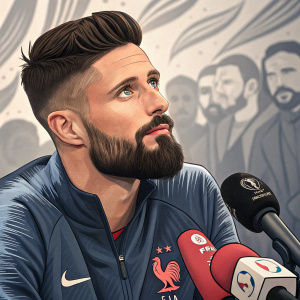 Olivier Giroud, soccer player with a beard, during a press conference. Looking thoughtfully at the camera.