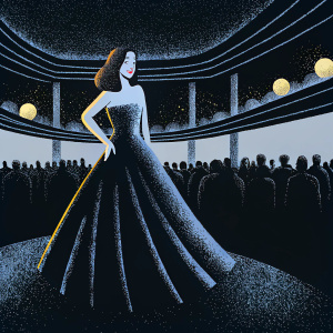 Patricia Heaton in a black evening gown, posing elegantly. The background is a crowded theater lobby. She is at the launch of her new book.