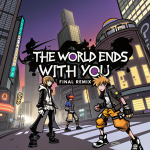 Video game cover for The World Ends With You: Final Remix. Depicts a group of characters in an urban setting. Illustration features bold lines and contrasting tones, creating a dynamic and graphic style.