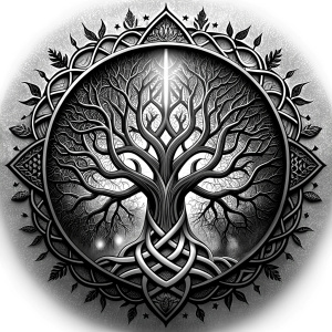 Nordic yggdrasil –  high-definition design grey and black, realistic tattoo design, white background