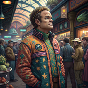 Ethan Phillips, known as Neelix from Star Trek Voyager, stands in a bustling alien marketplace. He's dressed in a vibrant, patterned jacket adorned with the Starfleet emblem. Background is crowded with diverse alien species.