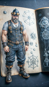 Sketchbook Style, Iron Man.Sketch book, hand drawn, dark, gritty, realistic sketch, Rough sketch, mix of bold dark lines and loose lines, bold lines, on paper, turnaround character sheet, a short fat mechanic in steampunk world, Full body, arcane symbols, runes, dark theme, Perfect composition golden ratio, masterpiece, best quality, 4k, sharp focus. Better hand, perfect anatomy. by Sonic