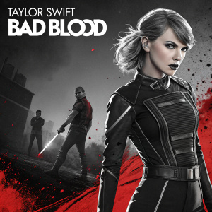 Promotional poster for Taylor Swift's 'Bad Blood' music video. Zendaya in a cut-throat role. Black and red color scheme.