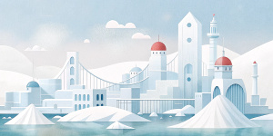White illustration,  Wes Anderson style, surreal collage of many buildings and a lot of  briges, big  ocean, soft lines, grainy paper