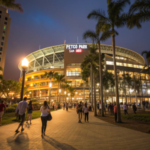 A bustling evening at Petco Park, San Diego. Modern stadium with circular shape, illuminated panels casting a warm glow. Brightly lit sign atop the entrance. Palm trees lining the path. People strolling in various directions under the artificial light.