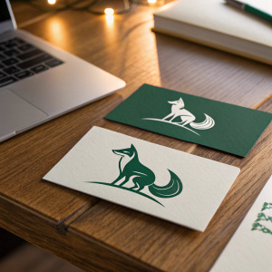 Atelier Chartier's business cards featuring a sleek fox logo in green. Positioned on a wooden desk with dim lighting, creating a cozy ambiance.