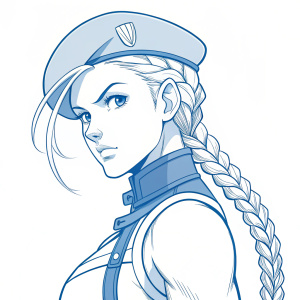 Line drawing of Cammy from Street Fighter. White and blue color palette. Her determined expression and braid hairstyle are prominent. Simple sketch style, highlighting her form and features.