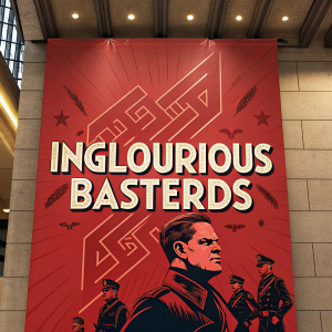 Movie poster for 'Inglourious Basterds'. Red color scheme, abstract design, angular font, vibrant graphics