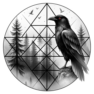 vegvisir runes geometric symbol - raven and trees - tattoo design - perfect realistic art - high-definition - grey and black - white background 